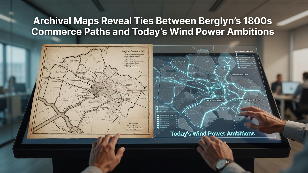 Modern wind turbine installation along a route matching 1800s commerce paths in Berglyn