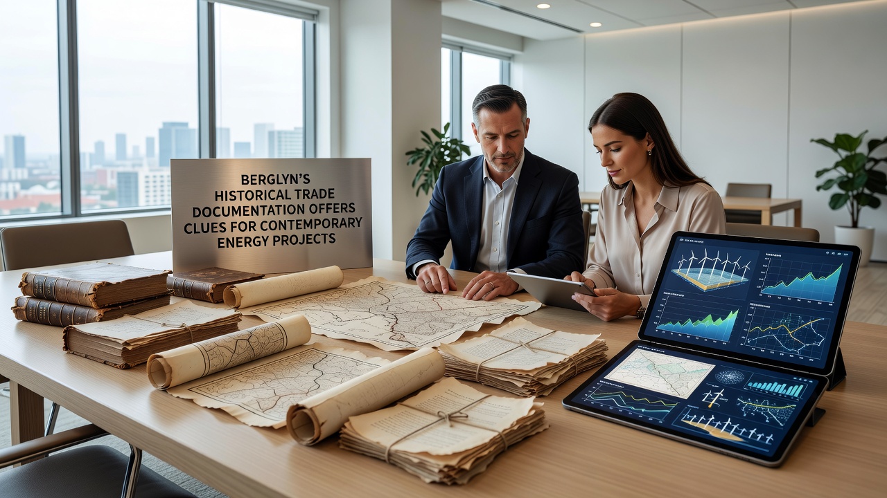 Researchers examining digitized Berglyn trade documents next to energy project blueprints